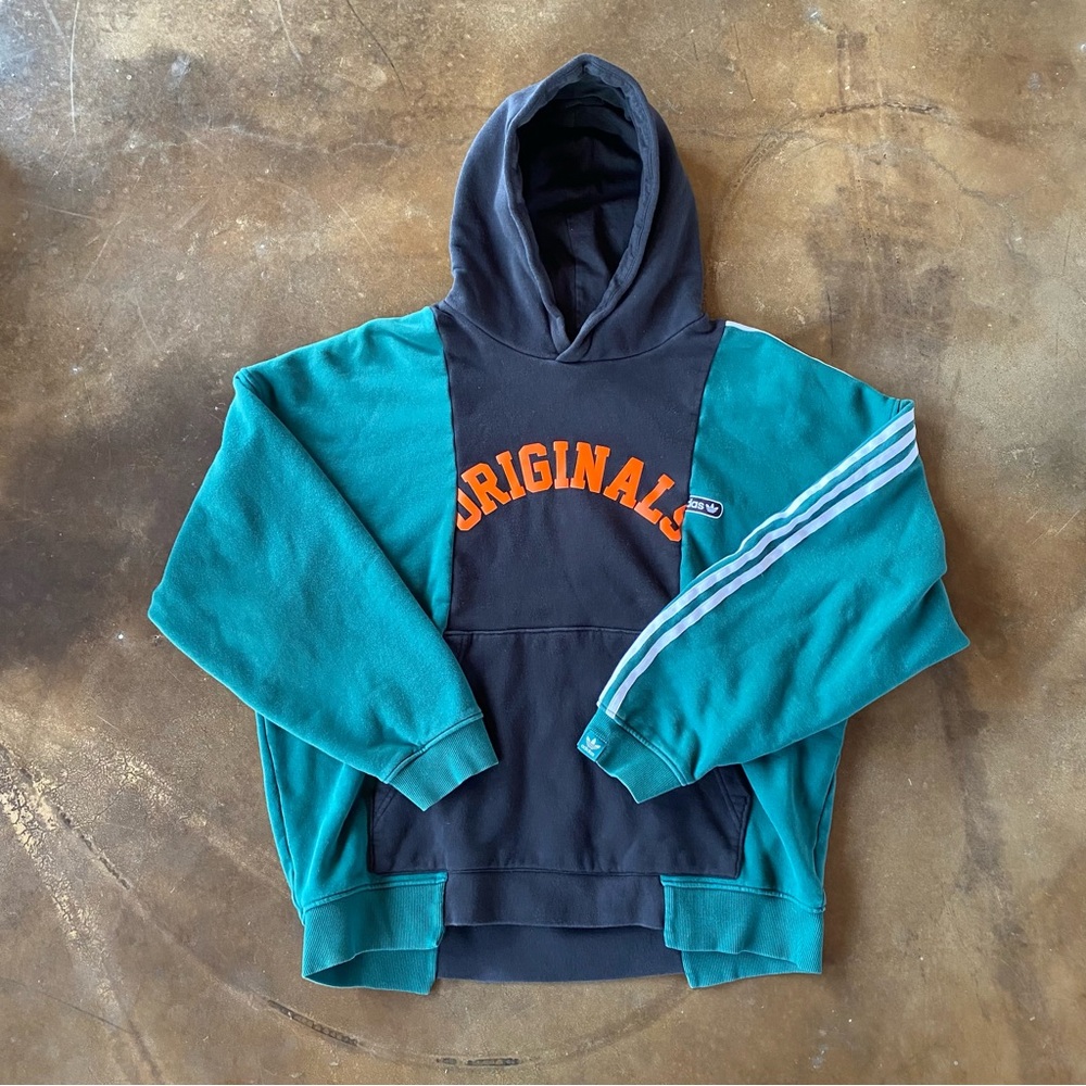 Rare Adidas Originals Japan Boxy Green Black Orange Colorblock 3 Stripe Hoodie